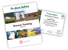 Grower Training manual next to a certificate of completion